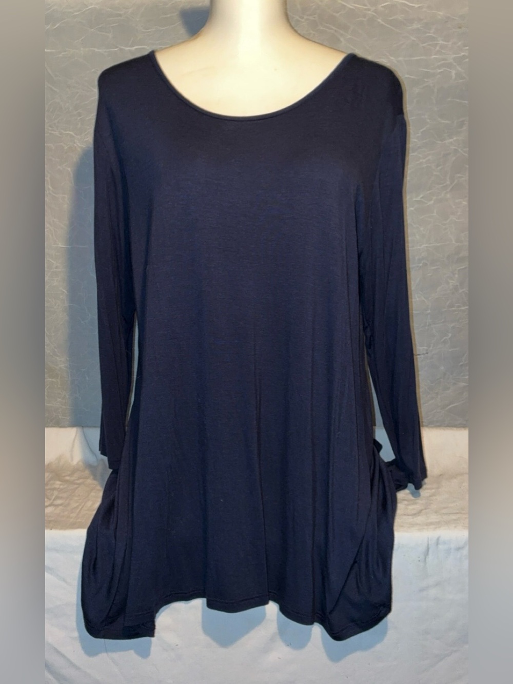 Pebble & Stone Navy Blue Open Back Tunic Top Women’s Large Boho 3/4 Sleeve